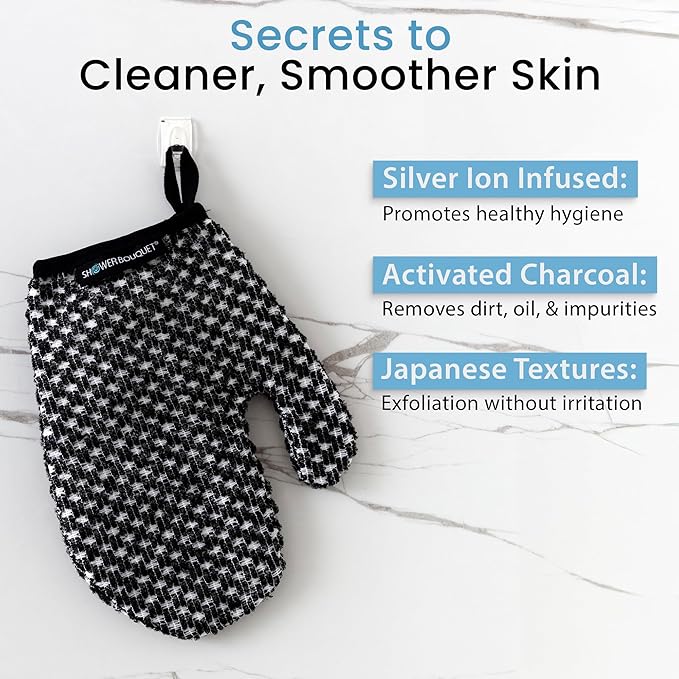 Japanese Exfoliating Mitt 2-Pack - Charcoal & Silver Ion Exfoliating Gloves for Shower - Soft Inner Fabric Gentle Exfoliation & Deep Cleansing Body Scrub Gloves for All Skin Types - 2 White