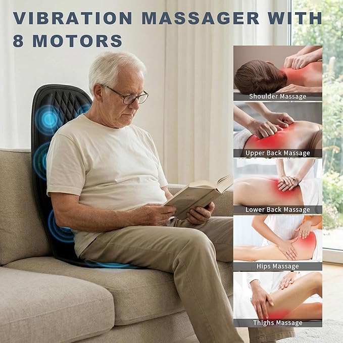 Back Massager with Heat, Massage Seat Cushion with 3D Back Support, 8 Vibrating Motors Massager Chair Pad for Full Body Pain Relief, Ideal Gift for Mother's Day/Lover/Parents/Friends