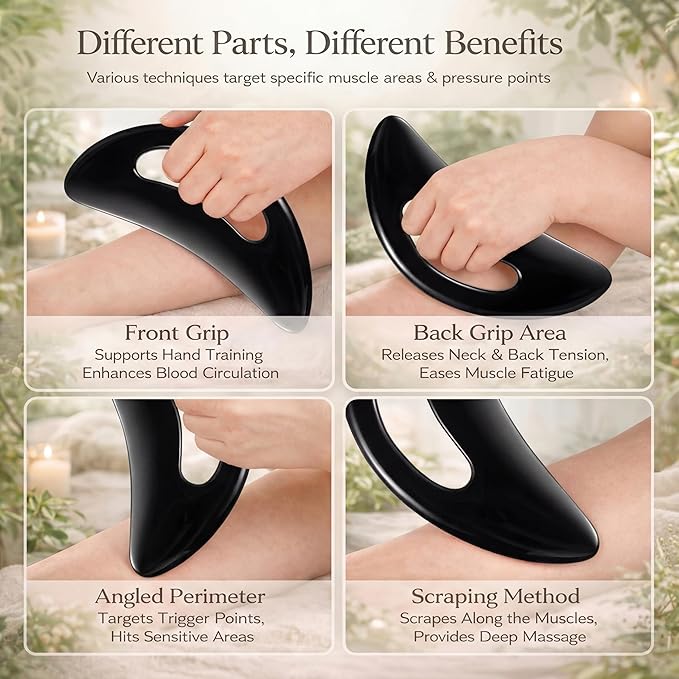BBTO 2 Pcs Body Gua Sha Tool Large Resin Scraping Tools with Handle for Back, Neck, Face, Leg - Lymphatic Drainage, Cellulite Removal, Muscle Relief(Black)