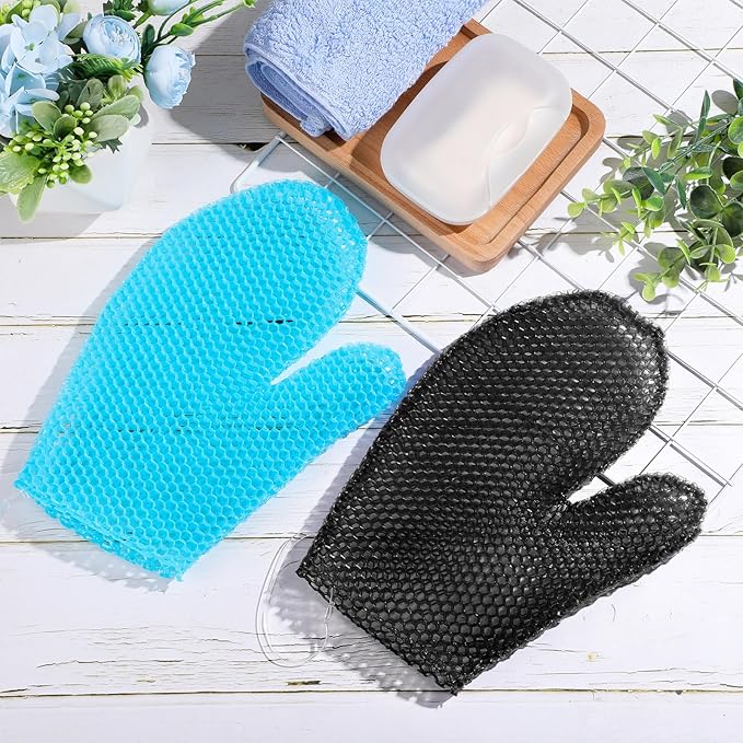 Karenhi 2 Pcs Honeycomb Exfoliating Glove Bath Mitt Body Spa Scrubber, Honeycomb Exfoliator Glove for Body Shower, Scrubber Sponge Shower Loofah, Quick Drying(Blue,Black)