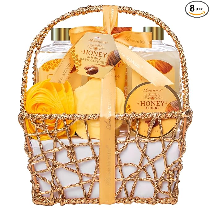 Mothers Day Birthday Spa Gifts for Women, 8pcs Honey Almond Bath Gift Set for Women, Relaxation Self Care Spa Kit W/Bath Bomb, Bubble Bath, Mom Sister Female Christmas Thank You Gifts