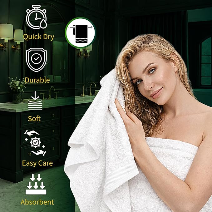 Pearl Linens Bath Towel Set of 12, Economy Cotton 20x40 Hotel Quality White Bath Towels Bulk, Lightweight and Highly Absorbent Quick Dry Towel for Home, Hotel, Spa, Gym and Bathroom, White Towel