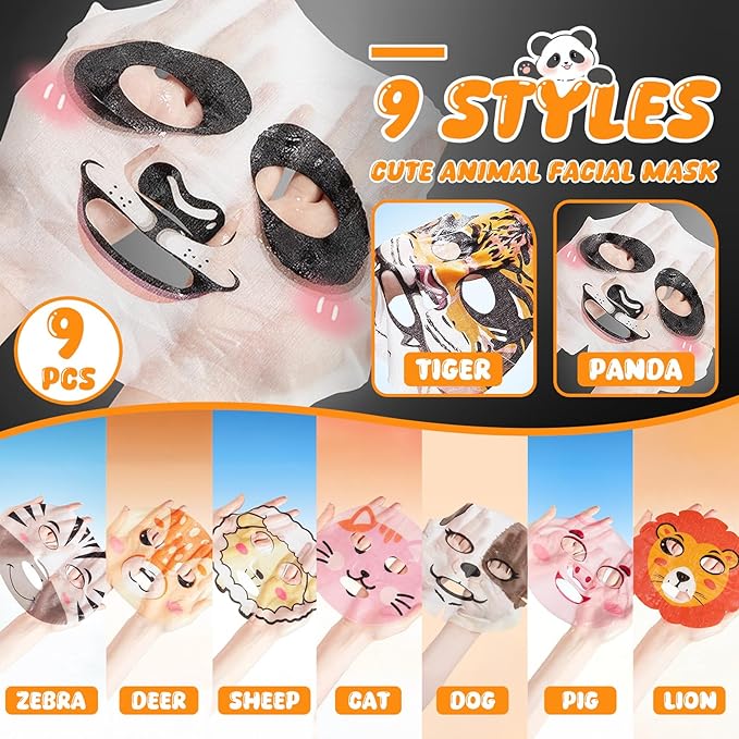 9 Packs Animal Character Facial Masks, Deep Hyrating Spa Masks for All Skin Types, Gift for Kids' Birthady Party, Enjoy Skincare Life, Girl's Night