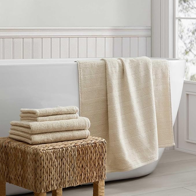 Martha Stewart - Bath Towels, Soft & Absorbent 100% Cotton Towels, Solid 500 GSM, 6-Piece Bathroom Towel Set with Textured Weave (Bedford Cottage Beige)