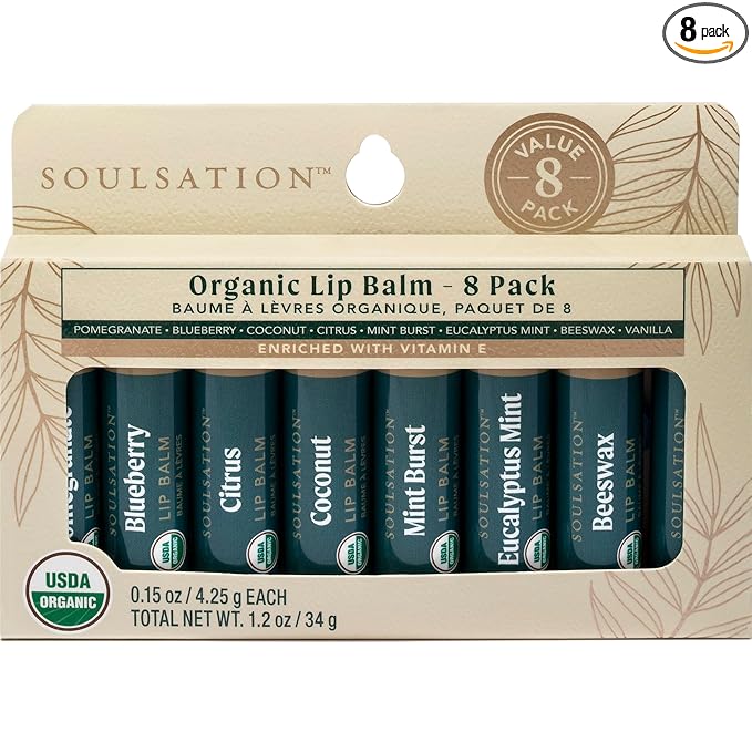 Soulsation Organic Lip Balm Set, 8 Flavors - Hydrating for Cracked & Dry Lips, For Men & Women, Enriched with Vitamin E