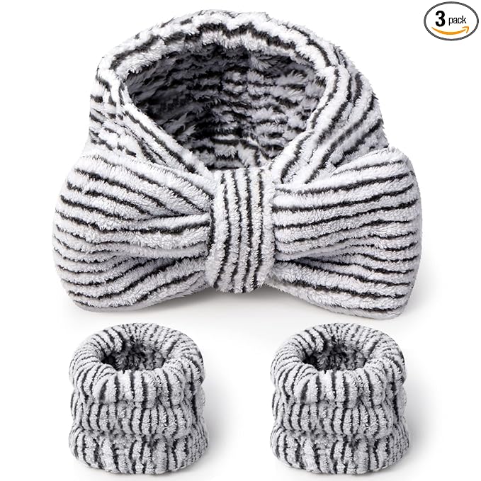 Hanaive 3 Pcs Spa Headband and Wristbands Set for Washing Face Makeup Skincare Hair Band Skin Care Accessories Tools for Women Gifts(Light Stripes)