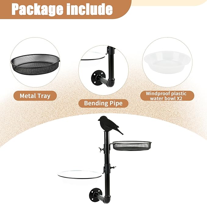 Wall-Mounted Bird Feeder with Metal Seed Tray and 2 Bath Bowls - Great for Porch or Fence, Attracts Wild Birds