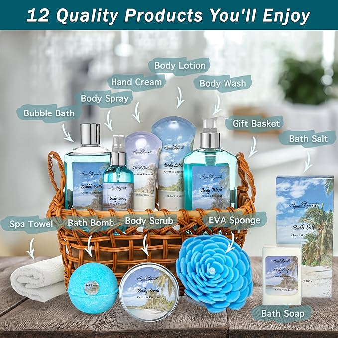 Aqua Elegante Spa Basket For Women - Deluxe Bath Set with Wash, Bubble Bath, Lotion, Salts, Body Scrub, Towel, Shower Puff, Bathbombs, Reusable Basket, Gifts for Mom, Wife, Her - Ocean & Coconut