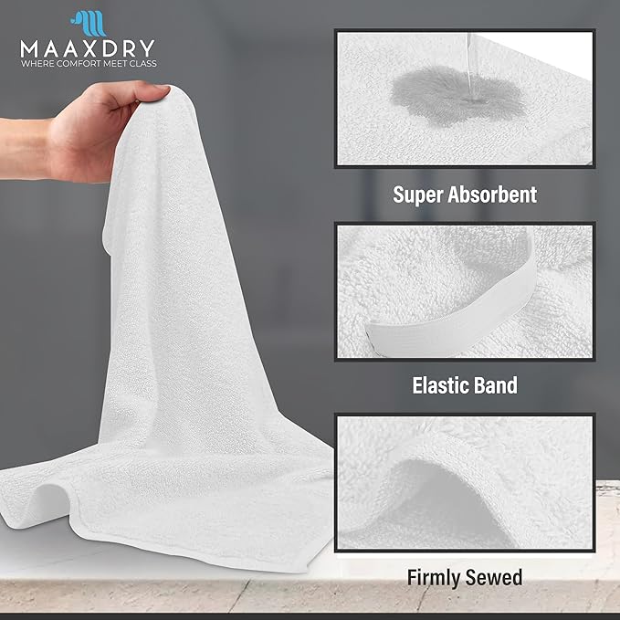 100% Cotton Hair Towel Wrap for Women, Men & Kids – Non-Microfiber 450 GSM Thick Super Absorbent Hair Towel 26x40 Inches, Secure Elastic Hair Wrap for Long & Curly Hair (White)