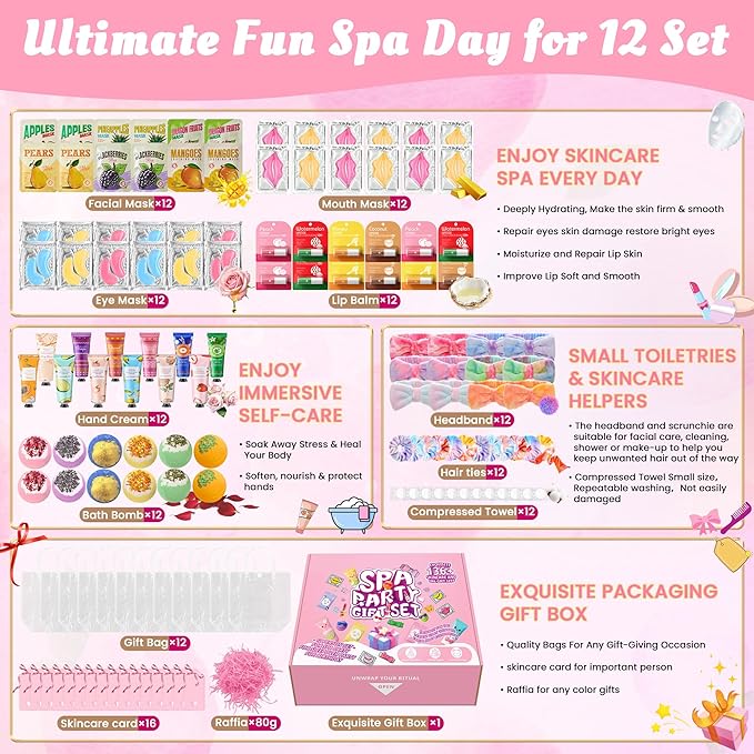 136Pcs Spa Party Supplies Set - 12 Spa Day Kits with Face/Lip/Eye/Hand/Foot Care,Party Favors for Sleepovers,Birthdays,Slumber Party & Relaxation,All Skin Types Safe