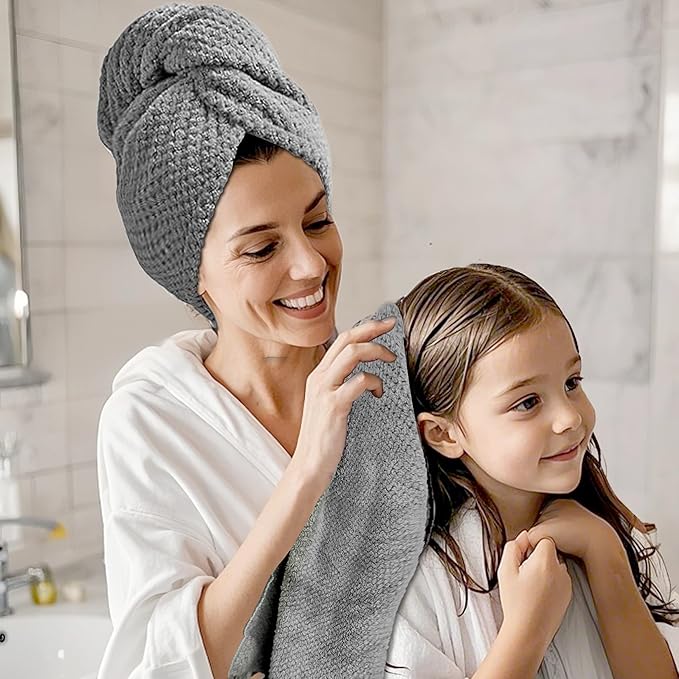Microfiber Hair Towel Wrap for Women, Quick-Dry Turban, Ultra Absorbent & Anti-Frizz, Ideal for Long, Thick & Curly Hair, Soft Lightweight Drying Towel (24x42, Grey)