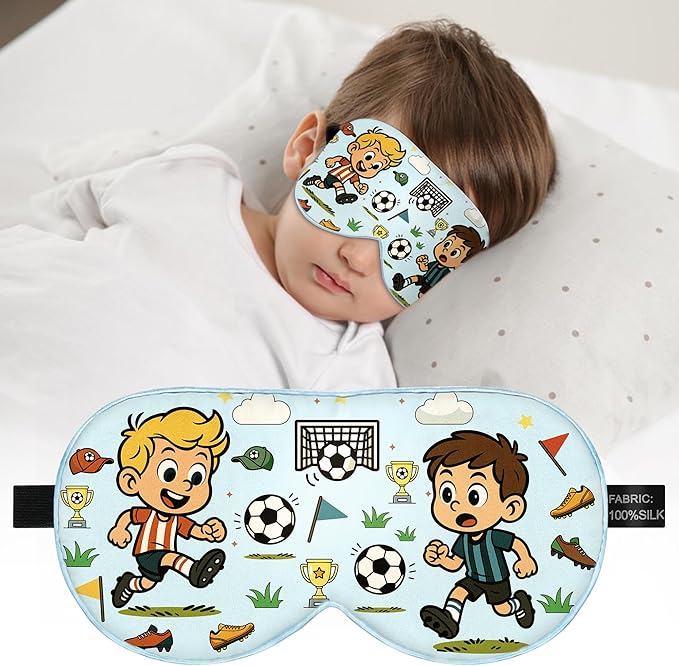 Kids Sleep Mask – 100% Mulberry Silk Eye Mask with Adjustable Strap, Soft Light Blocking Sleeping Mask for Children, Cute Printed Eye Cover for Boys Girls Ages 5-15 (Soccer Style)