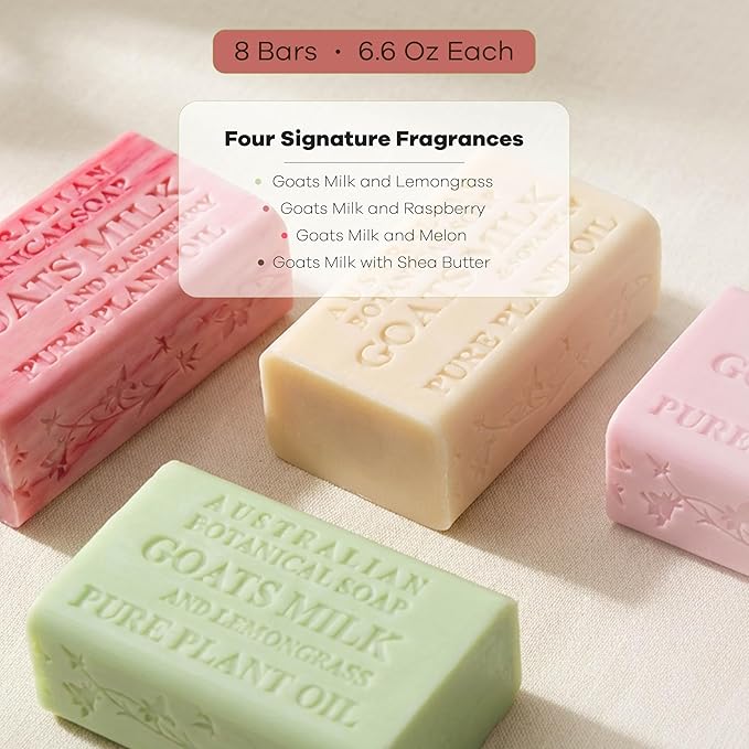 Australian Botanical Soap Goat Milk Soap Collection, 6.6 oz Bars, Goats Milk with Shea, Pink Melon, Lemongrass, and Raspberry, Organic African Shea Butter, 2 Bars of Each - Variety Pack of 8