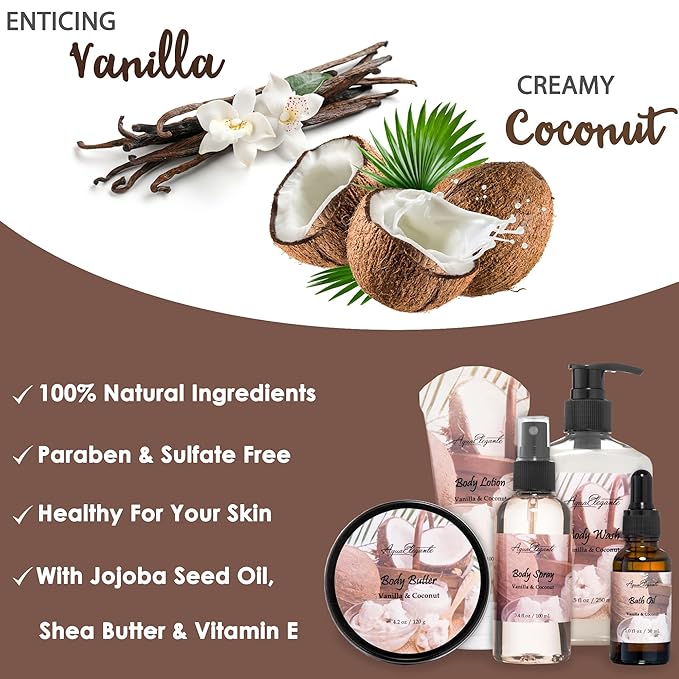 Aqua Elegante Bath Spa Gift Set - 15 Piece Premium Basket with Wash, Bubble Bath, Lotion, Salts, Body Scrub, Towel, Shower Puff, Bathbombs, Reusable Basket, Gifts for Women - Coconut & Vanilla