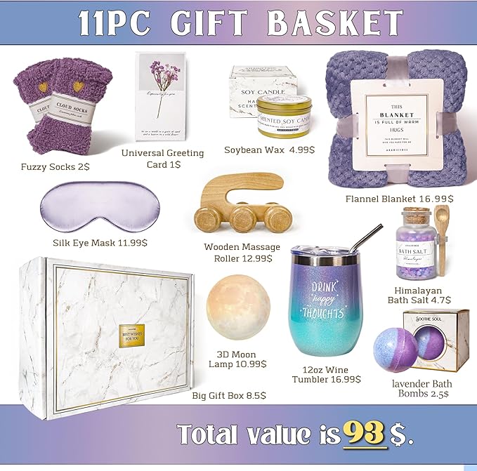 AHAGIFTREE Birthday Gifts for Women,Gift Basket for Women with Moon Lamp,11PC Self Care Gifts,Get Well Soon After Surgery,Relaxing Spa Gifts,Surgery Recovery,Sympathy
