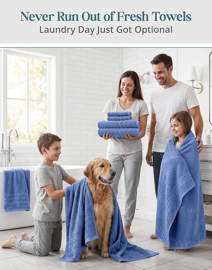 Casa Platino Cotton Bath Towel 18 Piece Set - Super Soft, Quick Dry & Absorbent - 6 Bath, 6 Washcloths, 6 Hand Towels for Bathroom - Hotel Quality & Suitable for Family - Cerulean Blue