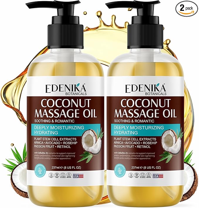 Edenika Botanicals Tropical Coconut Massage Oil for Massage Therapy, Soothing Massage Oil with Coconut & Passion Fruit Oil for Muscle Relaxing, Skin Moisturizing & Hydrating, 2-Pack
