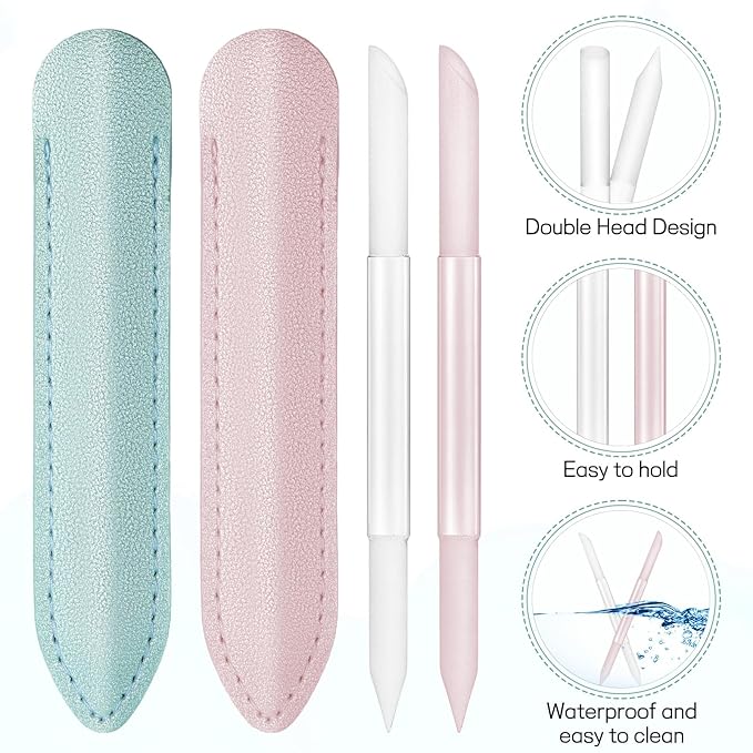 2Pcs Glass Cuticle Pusher with Leather Case, Dual Ended Cuticle Remover Tool Professional Manicure Stick Fingertip Precision Filing Cuticle Remover Tools for Nail Salons Home (Clear, Pink, Green)