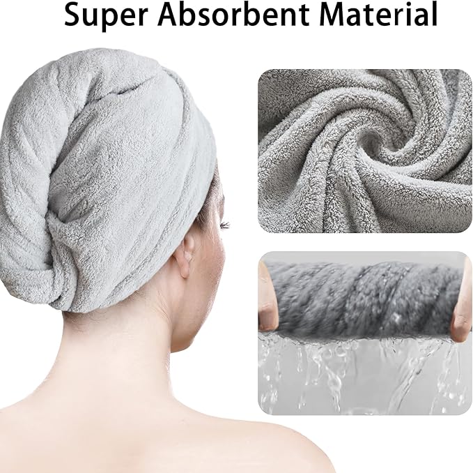 2 Pack Microfiber Hair Towel Wrap for Women Super Absorbent Quick Dry Hair Turban for Drying Curly, Long & Thick Hair 10 inch X 26 inch Lightgrey+SkyBlue