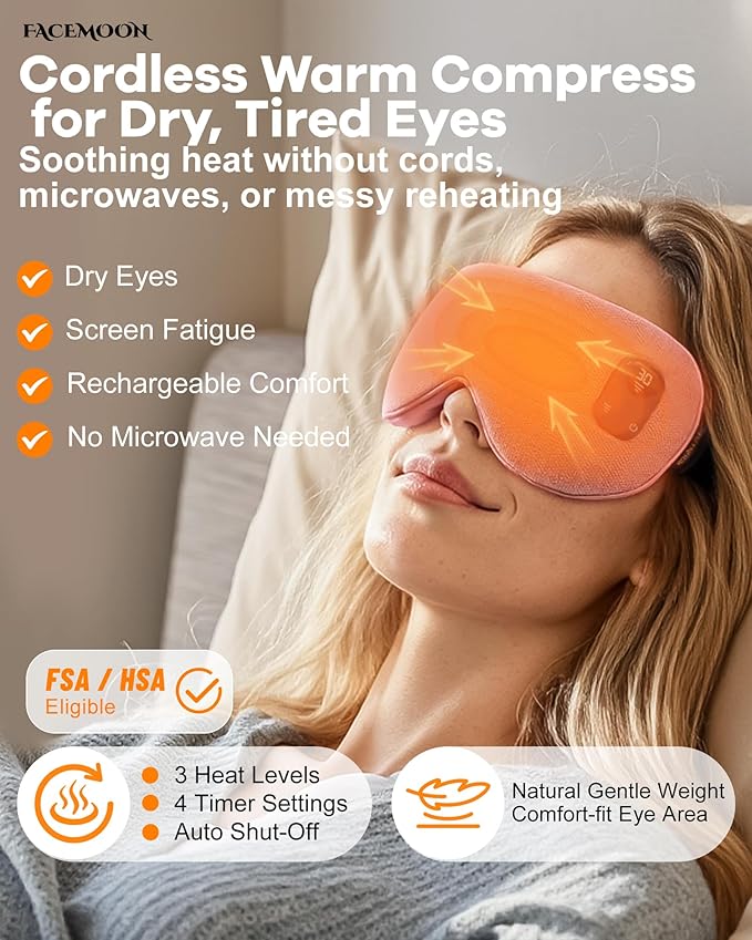 FACEMOON Cordless Heated Eye Mask for Stye & Eye Relief - Rechargeable Warm Compress for Dry Eyes, MGD & Blepharitis - Electric Warming Sleep Mask with Natural Flaxseed Heating (Pink)