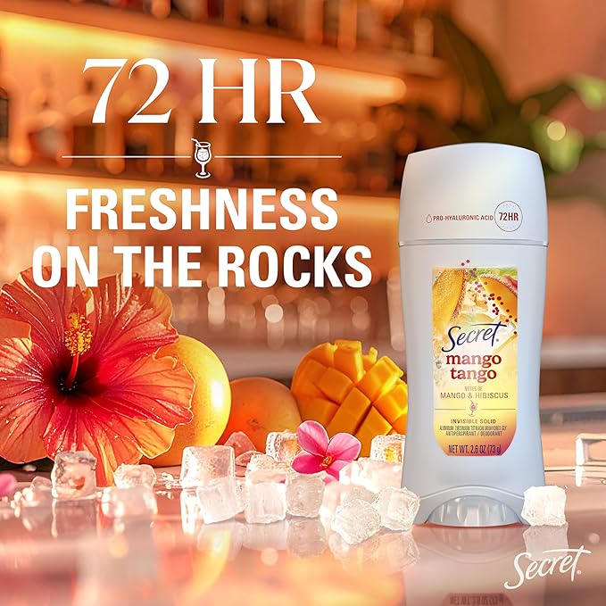 Secret Fresh Antiperspirant Deodorant for Women, 72hr Freshness on the Rocks with Pro-Hyaluronic Acid, Miami Mocktails Edition, Invisible Solid, Mango Tango with Mango & Hibiscus Scent, 2.6 oz