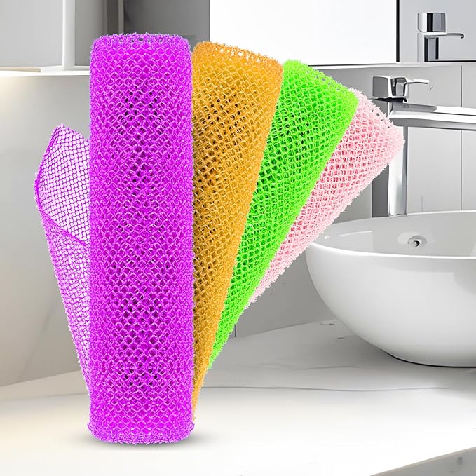 4 Pieces African Net Sponge for Deep Exfoliation – African Net Sponge Authentic, Exfoliating Washcloth, Quick-Drying African Net for Smooth & Glowing Skin(Purple, Pink, Green, Orange)