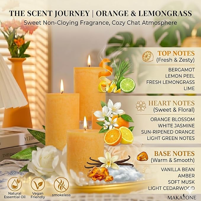 Orange Lemongrass Scented Pillar Candles 4 Pack, 60 Hours Long Lasting Burn Natural Essential Oils,2.8 x 4 in - Fresh Citrus Scent for Outdoor Patio & Home Refresh,Natural Repellent Vibes& Home Spa