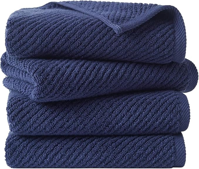 Madison Park 4-Piece Hand Towel Set for Bathroom 18" x 28" Diagonal Ribbed, Navy - 100% Cotton Soft Quick Dry & Absorbent Gift | Zero Twist, 500 GSM, Oeko-TEX, Hotel Quality