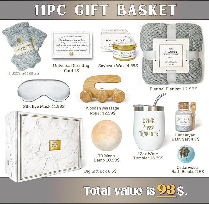 AHAGIFTREE Gift Basket Gifts for Women,11PC Birthday,Sympathy,Surgery Recovery Gifts Women,Get Well Soon After Surgery,Condolences Basket for Loss,Sympathy
