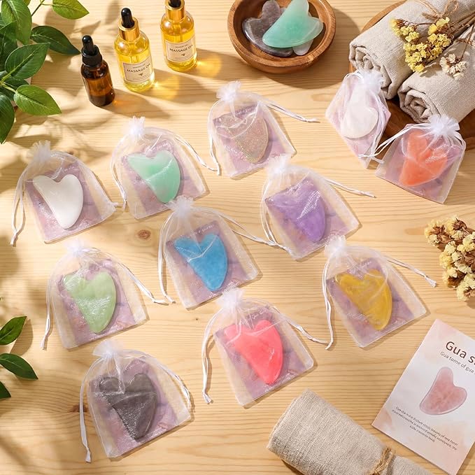Sherr 24 Sets Gua Sha Facial Tools Bulk Resin Heart Shaped Guasha Boards with Organza Pouch and Cards for Face Body Massage Relaxation Self Care Ideal Spa Acupuncture Prevent Wrinkles(Light Colors)