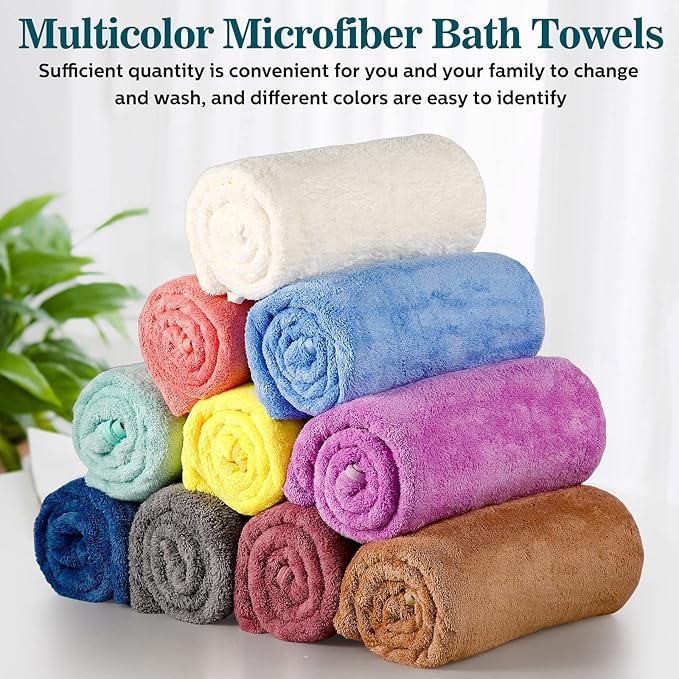 Mixweer 10 Pieces Bath Towel Set, Microfiber Coral Velvet Highly Absorbent Towels for Bathroom Body Shower Beach Travel, 28 x 55 Inches(Multicolor)
