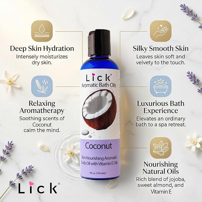 Lick Coconut Aromatic Bath Oil - Tropical Aromas Set - Soothing Bath Soak Oils, 4 oz