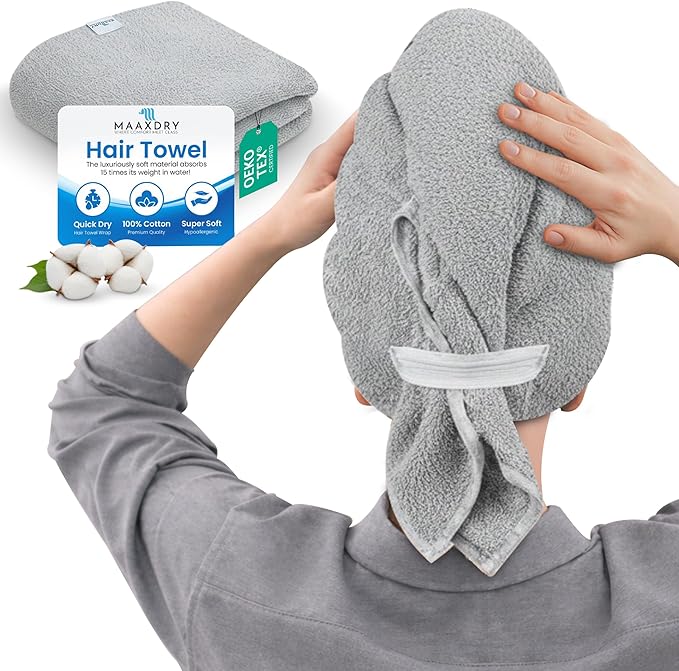 100% Cotton Large Hair Towel Wrap for Women, Men & Kids – Non-Microfiber 450 GSM Thick Super Absorbent Hair Towel 26x40 Inches, Secure Elastic Hair Wrap for Long & Curly Hair (Grey)