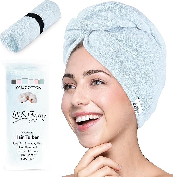 Lili&James 100% Cotton Hair Towel Wrap for Women/Kids | Quick Dry, Soft & Absorbent 420-GSM Hair Wrap Towels with Double Button | Anti Frizz, Non Microfiber Hair Turbans for Curly, Long Hair (Blue)