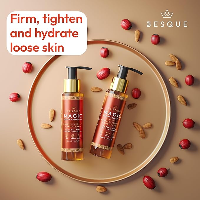 Besque Magic Body Oil, 3.4 FL OZ, After Shower Body Oil For Women, Hydrating Skin Care For Full Body That Plumps, Tightens, and Firms Skin With Natural Ingredients, Luxury Spa Gifts - Pack of 2