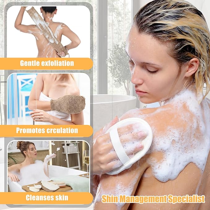 Geelin 8 Pack Natural Loofah Exfoliating Body Scrubber Set Shower Bath Glove Exfoliating Bath Scrubber Luffa Sponge Pads Mitts for Men and Women Body Back Deep Clean Remove Dead Skin