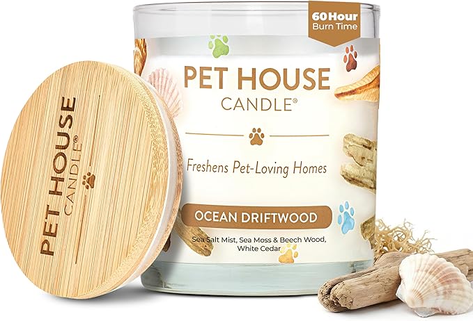 Pet House Candles, Clean Long-Burning, Scented Pet Friendly Candles, Plant-Based, 60 Hour Burn Time - Ocean Driftwood, 9 oz