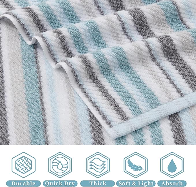 VOOVA & MOVAS 13"x13" Aqua Striped Washcloths (6 Pack) - 100% Cotton Ultra Soft Absorbent Quick Dry Towels | Luxury Decorative Bathroom Set with Blue + Gray Striped Design