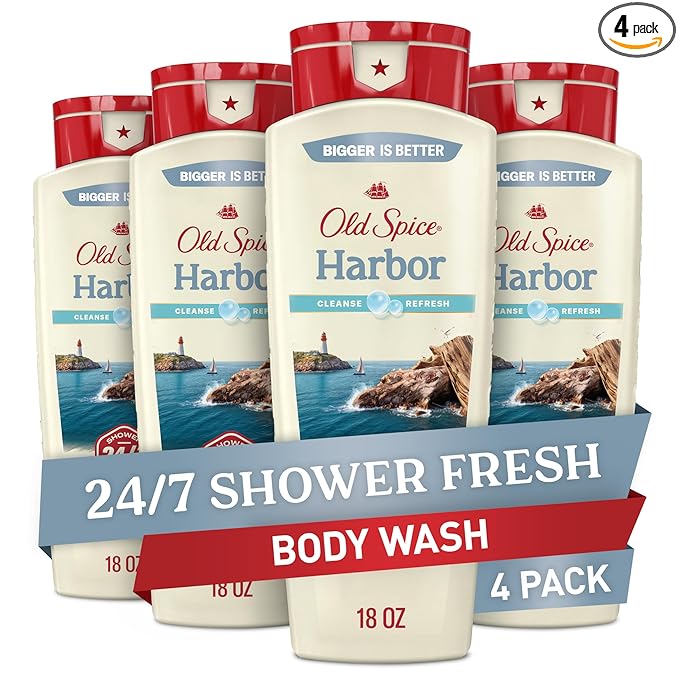 Old Spice Cleansing Body Wash for Men, 24/7 Shower Fresh with Lasting Scent, Cleanse & Refresh, Gentle on Skin, Vitamin B3, Harbor with Coastal Breeze + Driftwood Scent, 18 oz (Pack of 4)