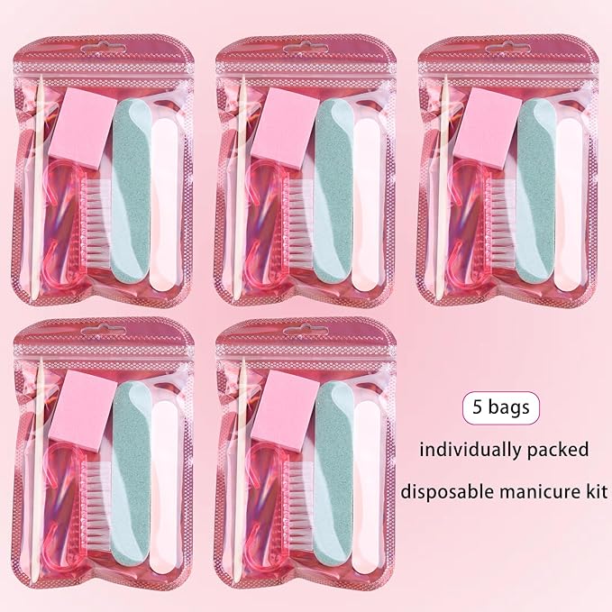 Fcozpjk Disposable Manicure Kit Basics 5PCS Nail Kit, Mini Nail Files Buffers Bulk Handle Grip Brush Orange Wood Stick Individually-Packed Pedicure Set for Fingernails Toenails Salon Supplies 5 Packs