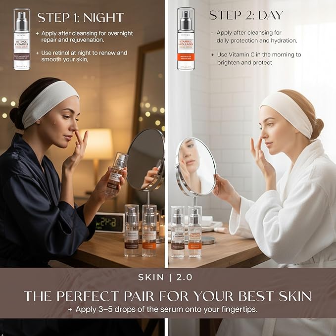 Skin 2.0 Retinol & Vitamin E + Collagen & Vitamin C Serum For Face – Dermatologist Tested, Anti Aging, Korean Skin Care – Smooths Lines, Firms, Hydrates, Revitalizes – Vegan, Clean Beauty – Pack of 2