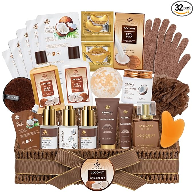 32 Pcs Mother's Day Gift for Mom, Coconut Vanilla Spa Gift Basket Set for Women & Men, Hydrating Face Skin Care Set, Bath & Body Gift Basket, Birthday, Christmas, Anniversary, Wife