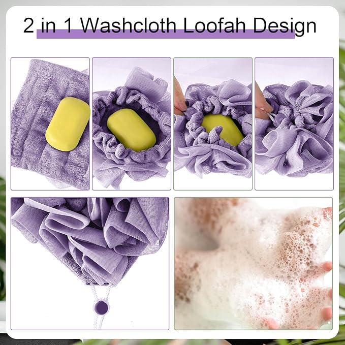 6 Pcs Washcloth Loofah Combo, 2 in 1 Bath Loofah Sponge with Drawstring, Exfoliation Mesh Shower Puff Ball for Body Wash Cleansing and Smooth Skin (Light Color)