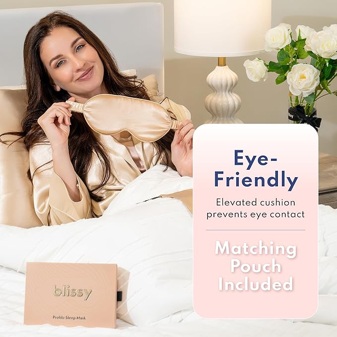 Blissy Silk Sleep Mask Profile - 100% Pure Mulberry Silk 22 Momme 6A Fibers Silk Eye Sleeping Mask for Women & Men for Total Blackout - Blindfold Silk Sleep Mask Side Sleeper Eye Cover (Champagne)
