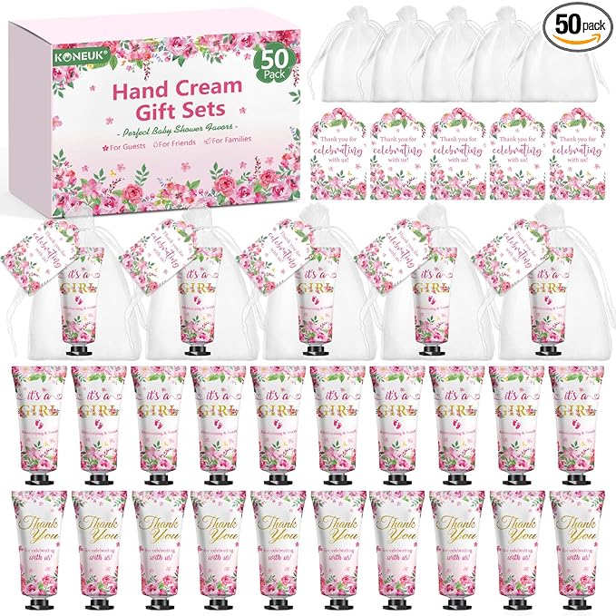KONEUK 50 Pack Bulk Hand Cream Sets, Bridal Shower Favors, Appreciation Gifts and Baby Shower Favors for Guests with Thank You Card and Organza Gift Bags, Wedding Party Favors (Baby Girls)