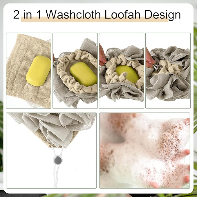 3 Pcs Washcloth Loofah Combo, 2 in 1 Bath Loofah Sponge with Drawstring, Exfoliation Mesh Shower Puff Ball for Body Wash Cleansing and Smooth Skin (Grey Coffee Beige)