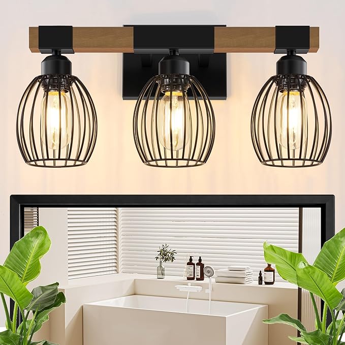 3-Light Farmhouse Bathroom Vanity Light Fixtures, Rustic Wood Bathroom Light Fixtures Over Mirror with Elegant Teardrop Cage, Vintage Black Wall Sconce Lighting for Bedroom Powder Room Kitchen