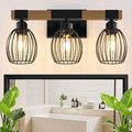 3-Light Farmhouse Bathroom Vanity Light Fixtures, Rustic Wood Bathroom Light Fixtures Over Mirror with Elegant Teardrop Cage, Vintage Black Wall Sconce Lighting for Bedroom Powder Room Kitchen