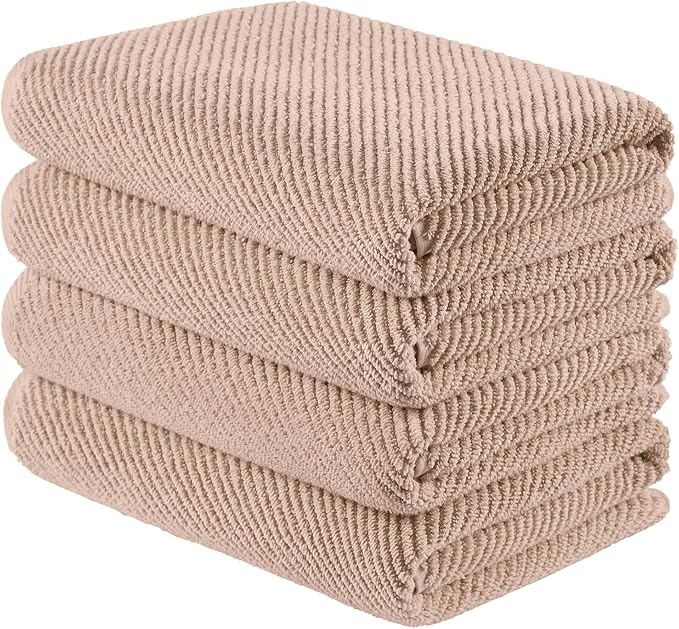 Madison Park 4-Piece Bath Towel Set for Bathroom 30" x 56" Large Diagonal Ribbed, Beige - 100% Cotton Soft Quick Dry & Absorbent Gift | Zero Twist, 500 GSM, Oeko-TEX, Hotel Quality