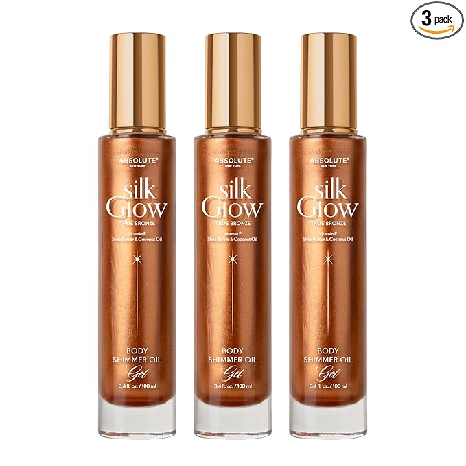 Absolute New York - Silk Glow Shimmer Mist Glow, Radiant, Shimmer Body & Face & Hair, Shea Butter, Coconut Oil, Vitamin E (SBGS06 True Bronze Oil Gel (Set of 3), 3.4 fl oz)